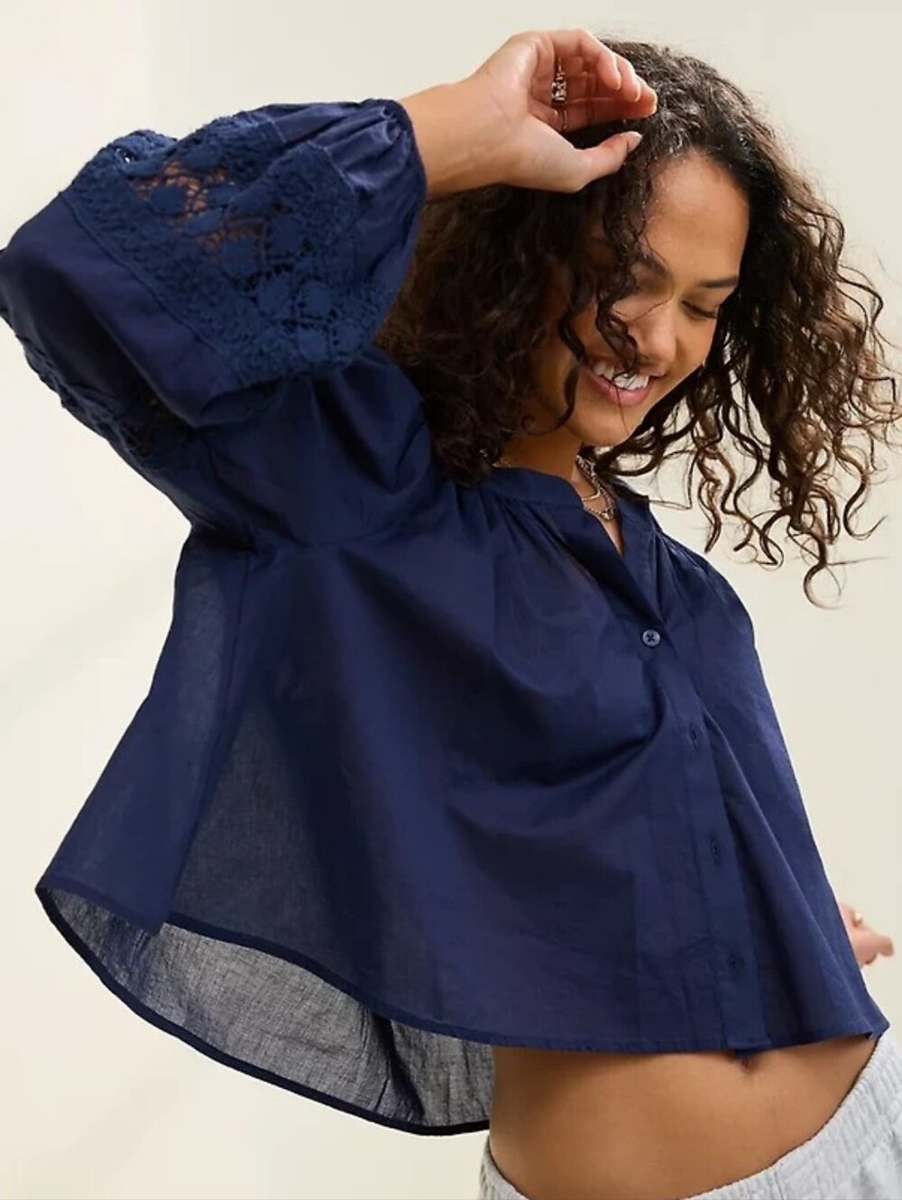 aerie Navy Button-Front Top with Crochet Sleeve